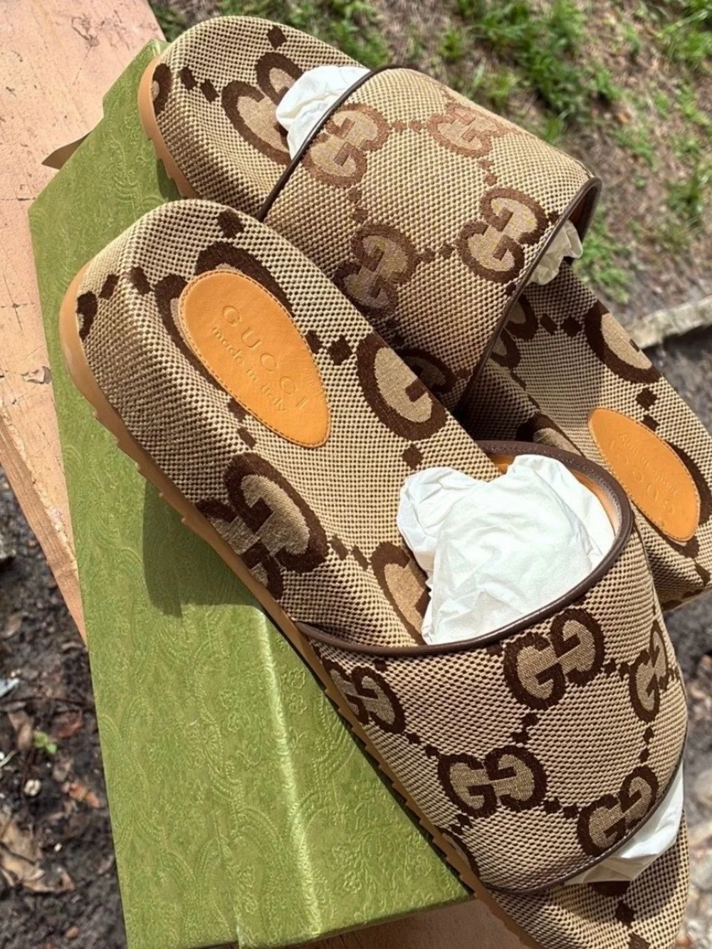 Gucci Beige and Brown GG Canvas Slide Sandals